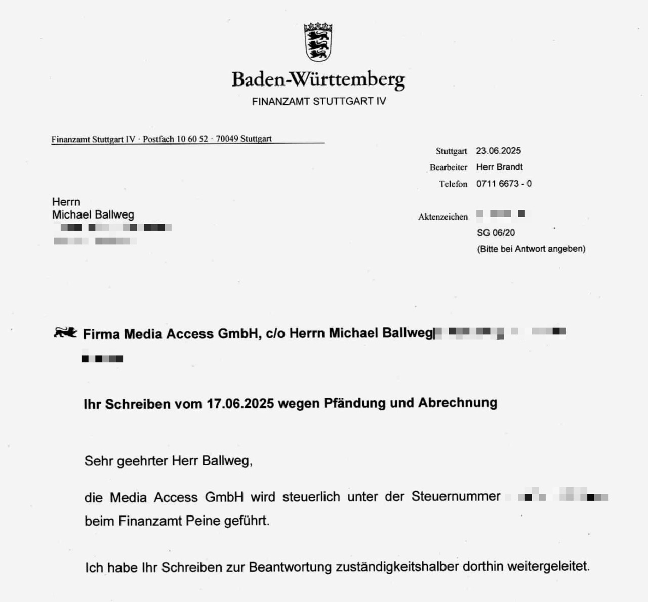 Das Finanzamt Stuttgart IV will nicht zuständig sein und leitet die Anfrage an Peine weiter. Aus den Augen, aus dem Sinn!